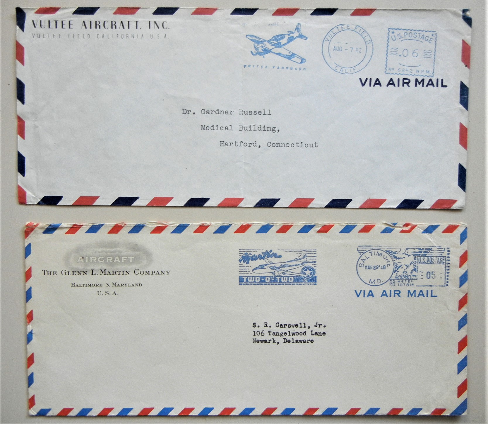 AIRCRAFT MANUFACTURERS' COVERS - VULTEE AND GLENN MARTIN | MGJ Postal ...