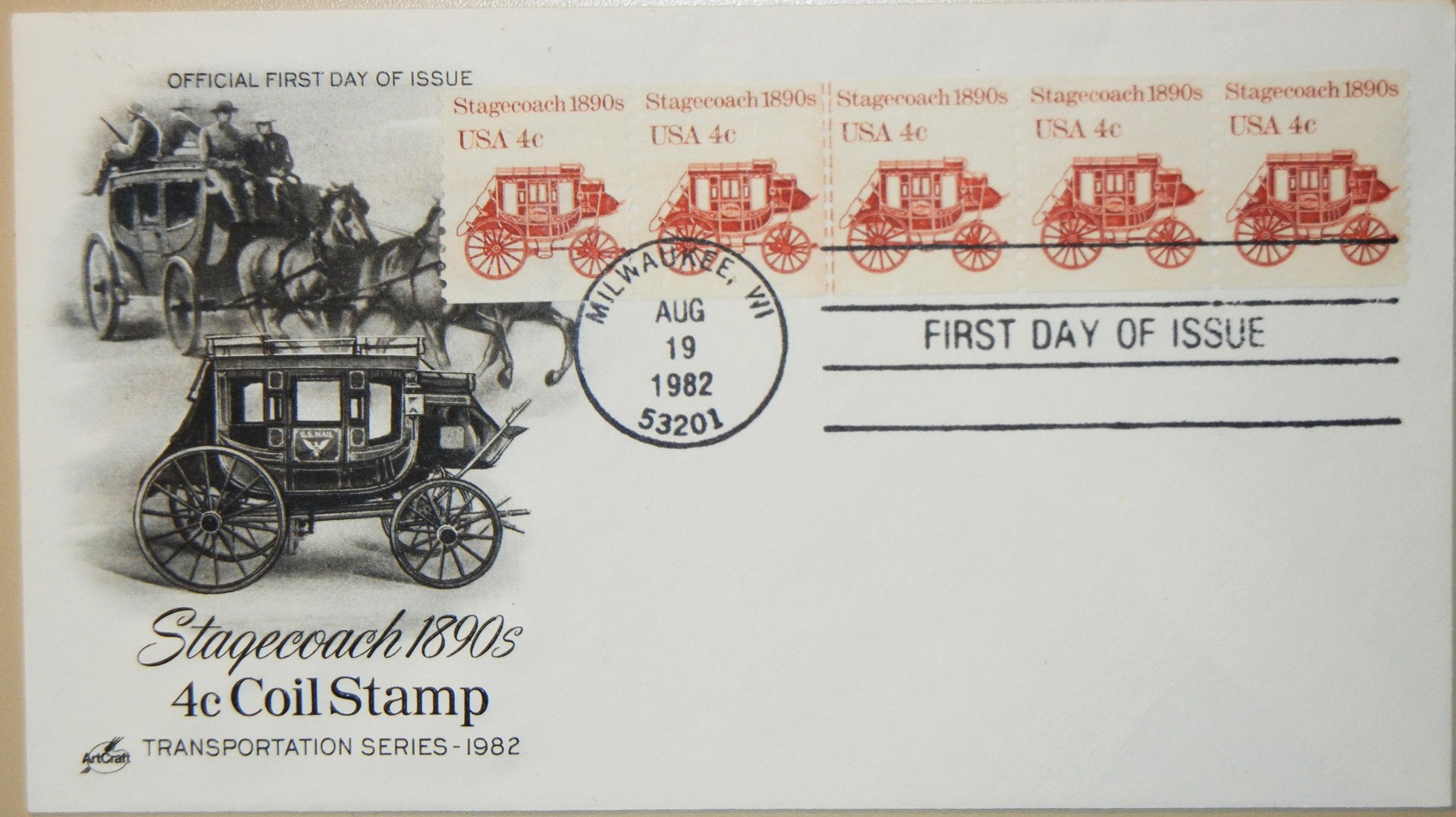MILWAUKEE WISCONSIN 4-CENT STAGECOACH COIL 1982 FIRST DAY COVER - 5 ...