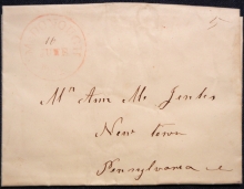 McDONOUGH DELAWARE 1850S STAMPLESS FOLDED LETTER TO NEW TOWN PENNSYLVANIA - POSTAL-HISTORY