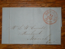 new.york.city.1848.carroll.stampless.folded.letter.postal.history.to.norwich.connecticut