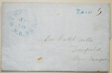 NEW HAMPSHIRE POSTAL HISTORY -- WINCHESTER NEW HAMPSHIRE 1852 STAMPLESS FOLDED LETTER TO REV. DANIEL WELLS, DEERFIELD, NEW HAMPSHIRE. DAUGHTER WRITES THAT HUSBAND WAS STRICKEN